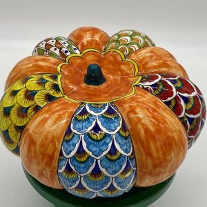 Decorative pumpkins with various artistic decorations