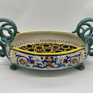 Centerpiece with snake handles with Ricco Deruta decoration and sunflowers inside