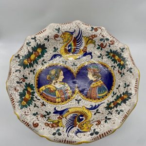 Centerpiece / serving plate with Raphaelesque decoration and medieval images both inside and outside